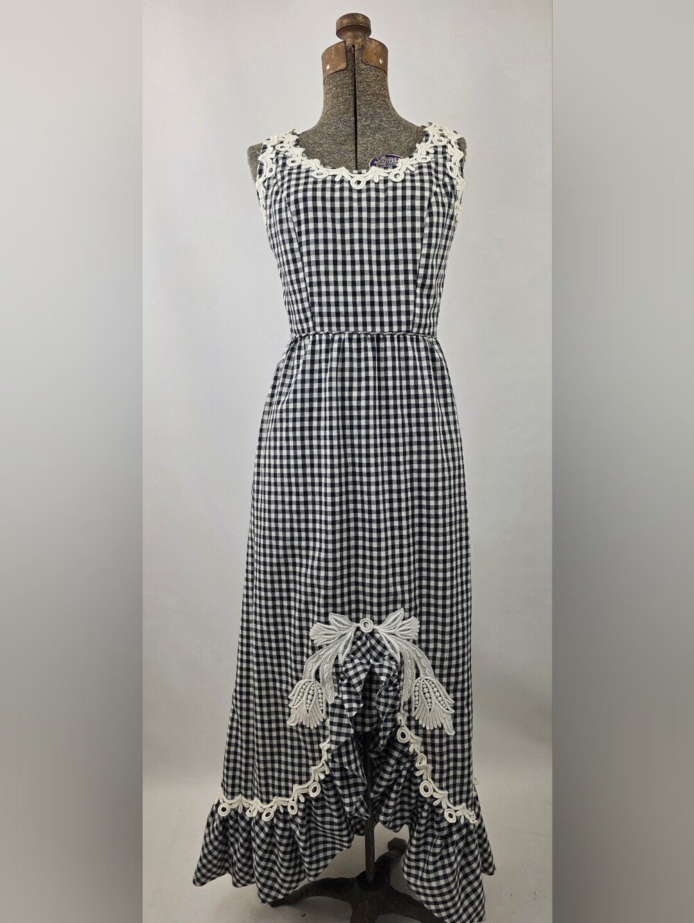 M/L Miami Vintage 60's Women's Black & White Gingham Ruffle Hem Maxi Dress 8